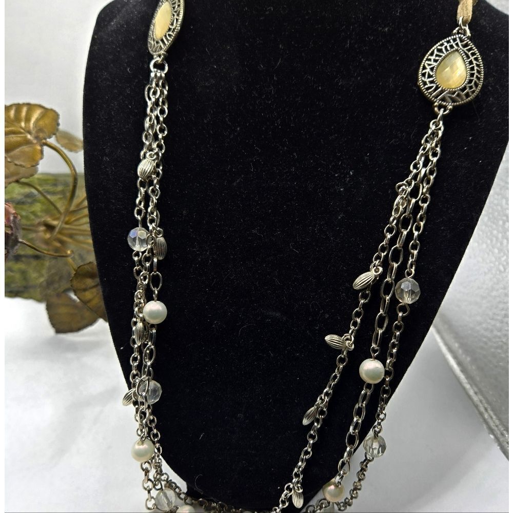 "5/$25" Long Triple Silvertone Chain Bead Suede Necklace